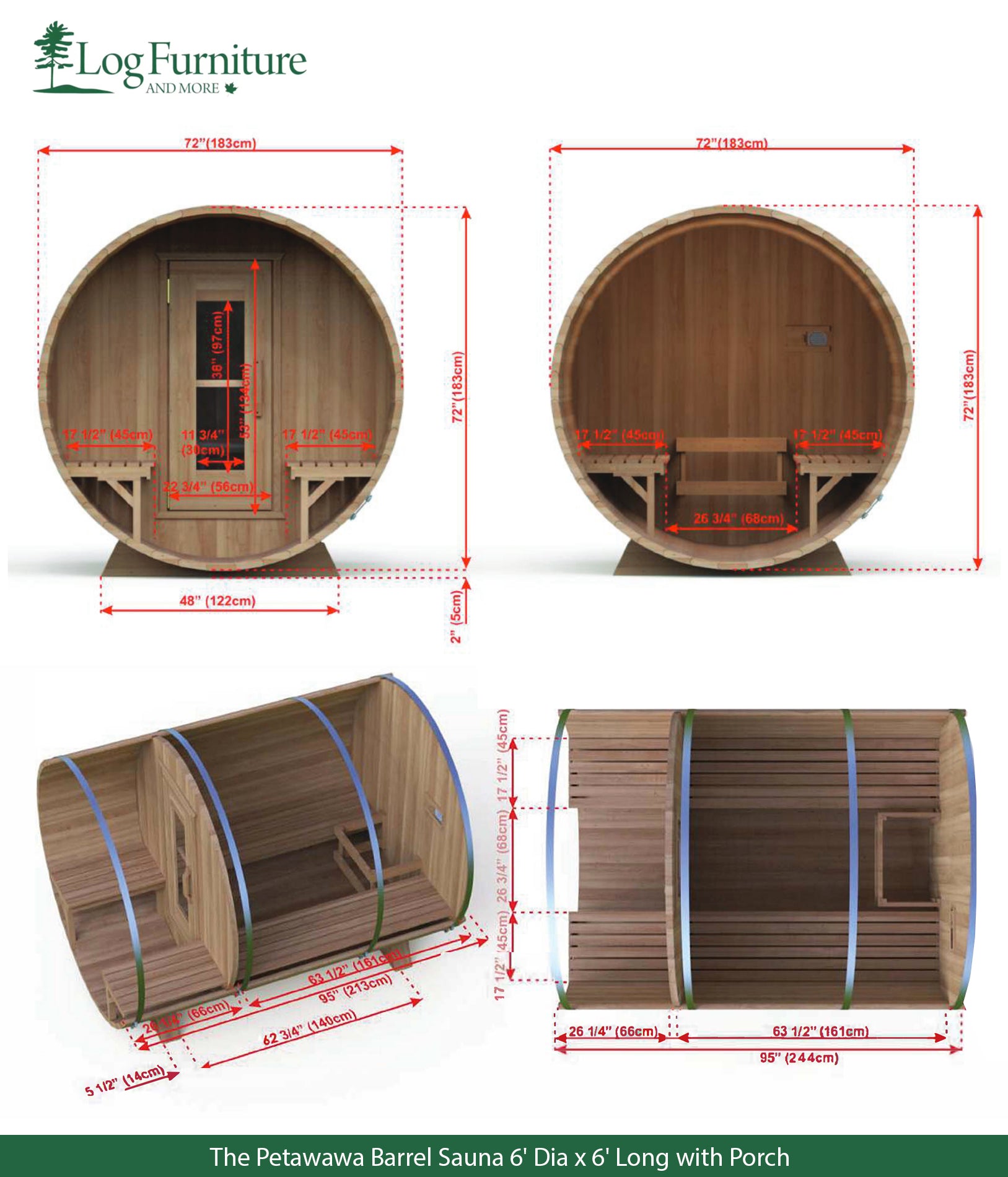 The Petawawa Barrel Sauna 6' Dia x 6' Long with Porch