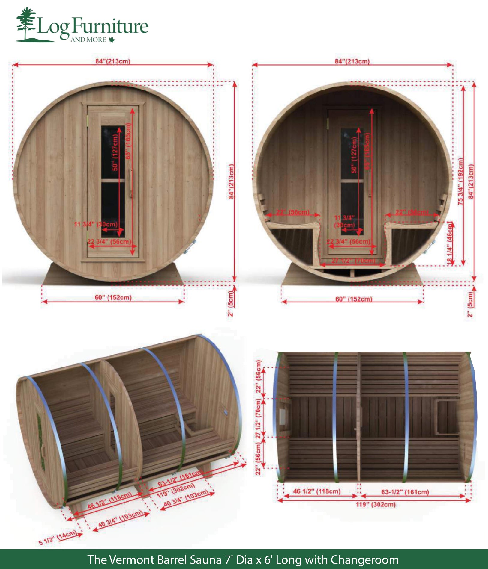The Vermont Barrel Sauna 7' Dia x 6' Long with Changeroom