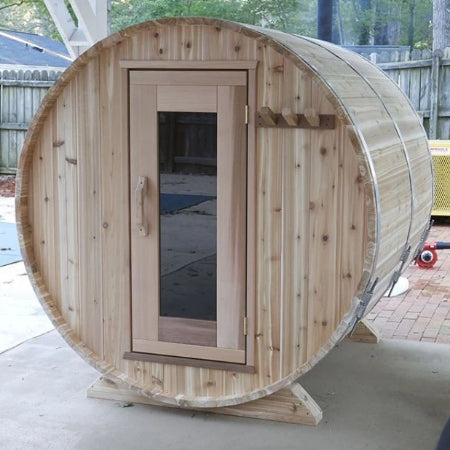 Outdoor barrel sauna for cottages