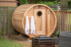 Barrel sauna with bevel roof
