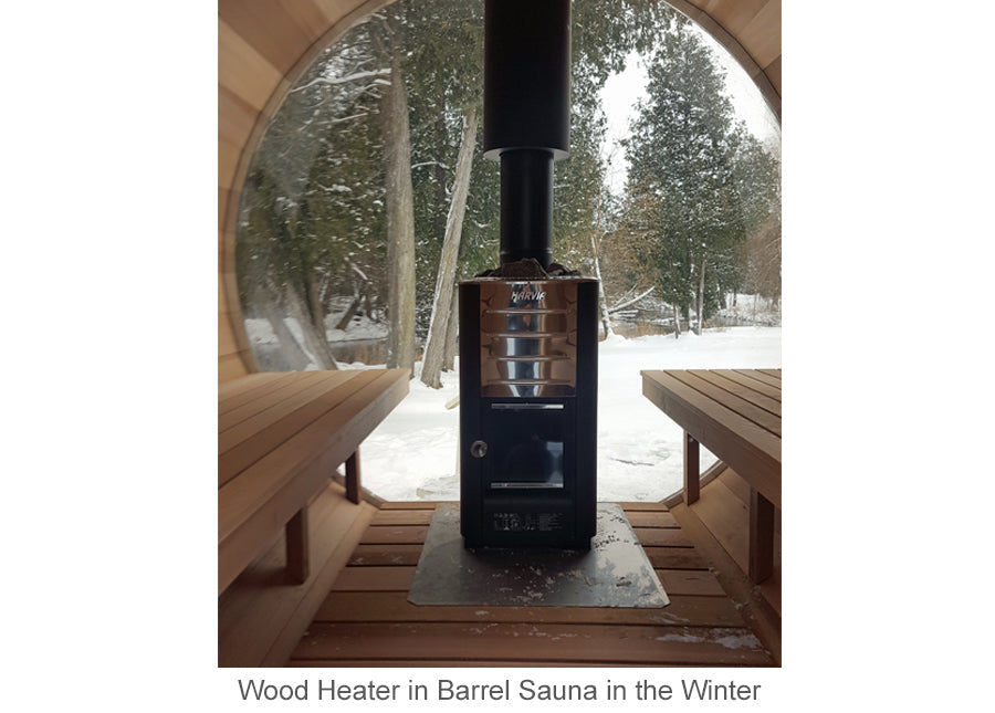 Wood Heater in Barrel Sauna in the Winter