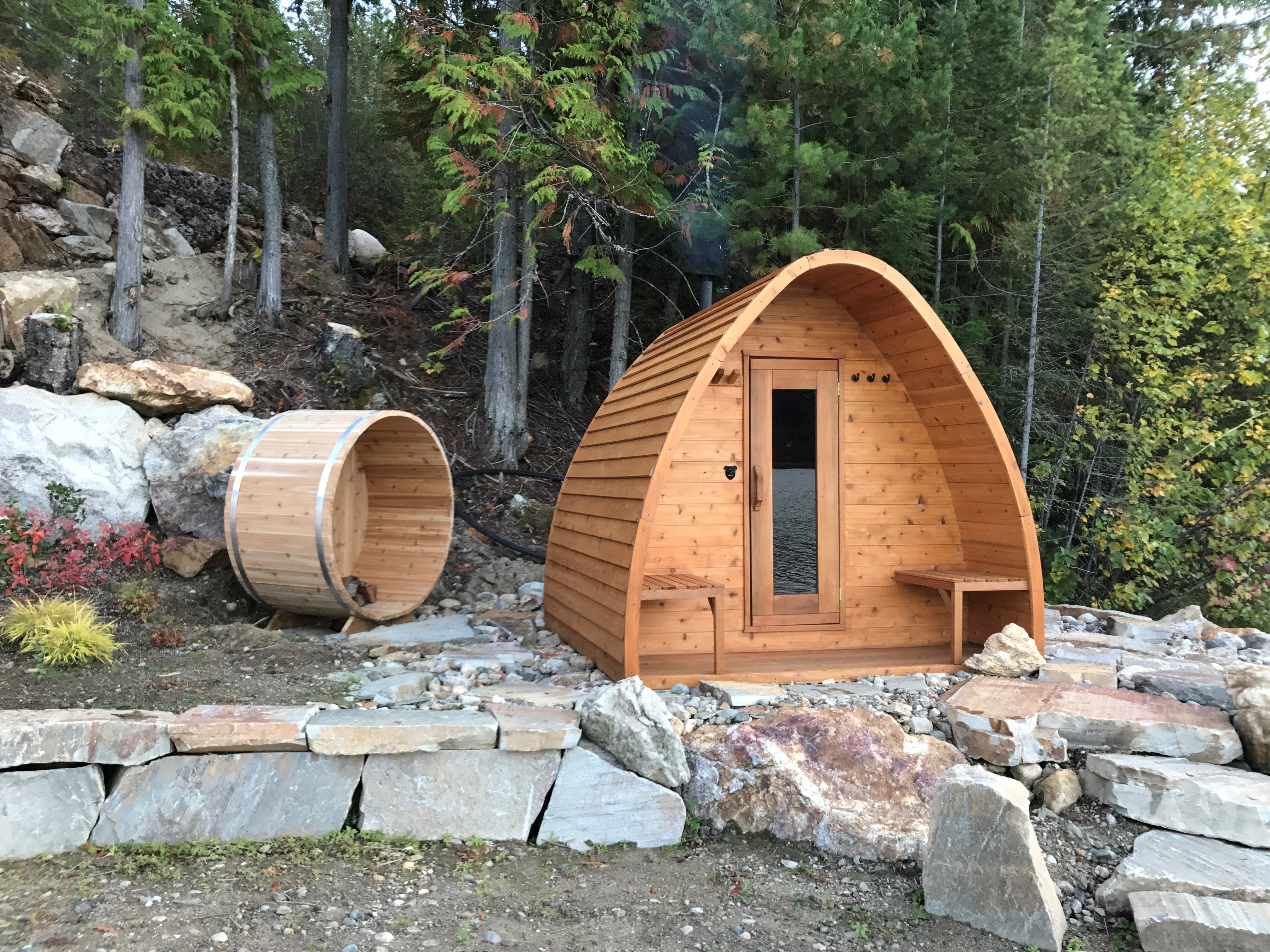 Knotty Pod Sauna with porch at the cottage