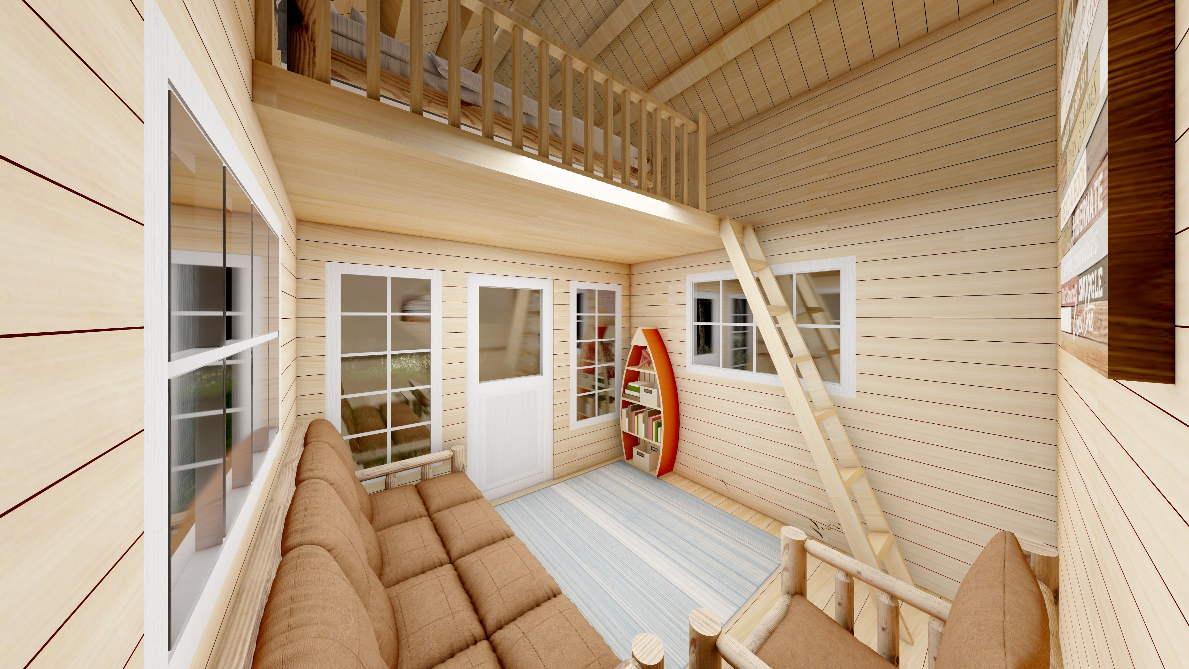 lower level of bunkie with log furniture