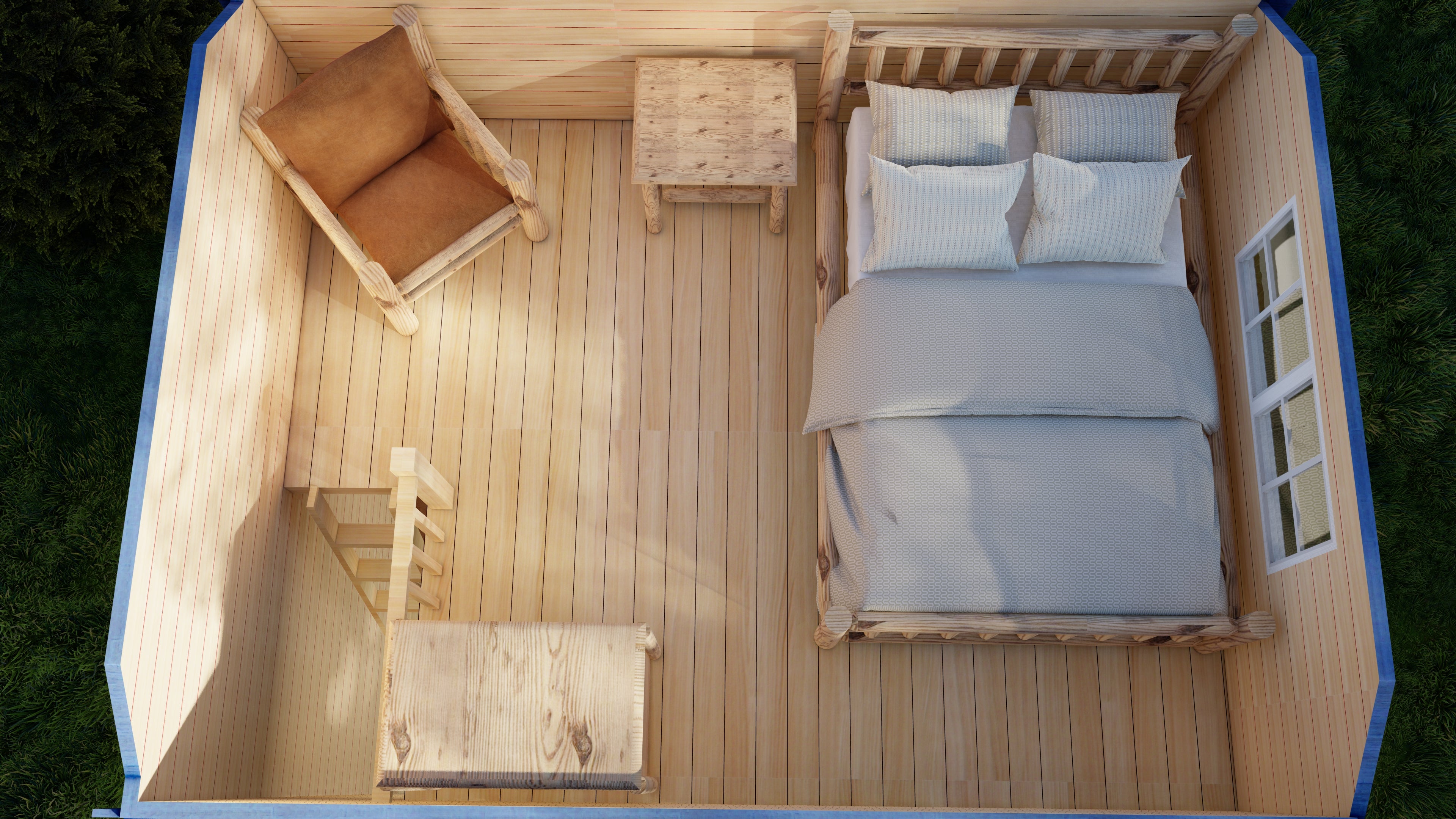 bedroom in bunkie with log furniture