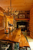 Rustic lodge with deer chandelier